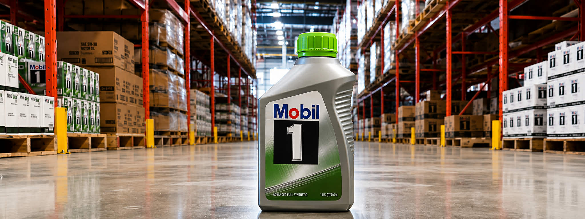 Mobil products stocked in a warehouse
